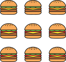 Diverse collection of delicious cheeseburger icons offering various toppings and bun styles for fast food and dining concepts