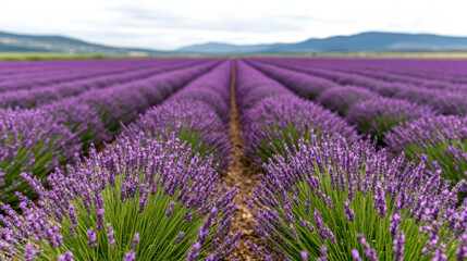 Obraz premium Vast lavender fields in bloom under serene sky create vibrant landscape