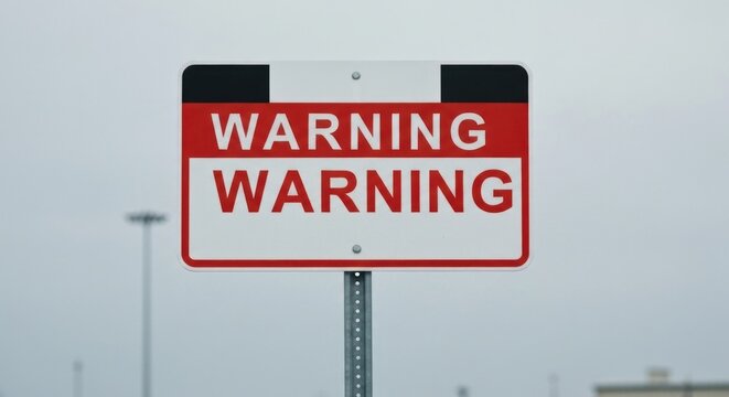 Double "WARNING" sign against a grey sky, on a pole in an outdoor area