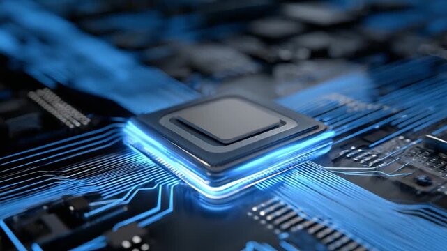 Cybercore: A futuristic image of a gleaming computer chip pulses with a luminous blue glow.  Capturing the cutting edge of technological innovation and processing power. 