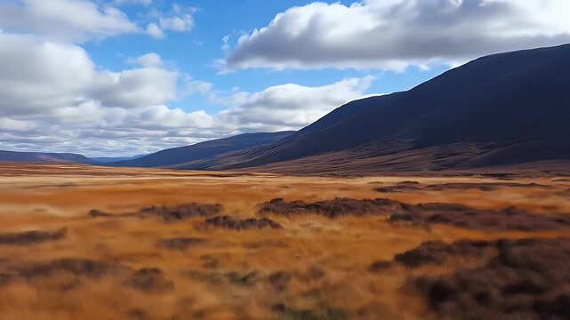 Expansive autumnal landscape with rolling hills and a vast field of golden grasses under a partly cloudy sky