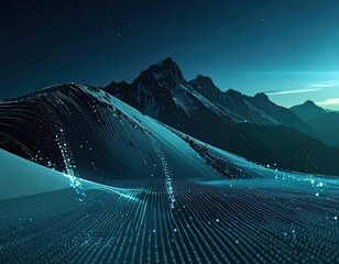 Snowy mountains under starry sky, glowing data overlay