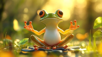 Cartoon frog doing yoga, tree pose, zen expression, garden with sunrise