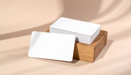 Minimalist business card mockup with stack on wood podium and soft shadows