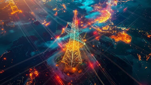 Aerial view of power lines and city lights at night.