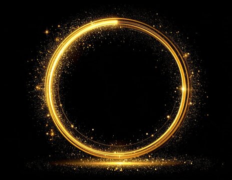 Glimmering golden circle with glittering particles on black