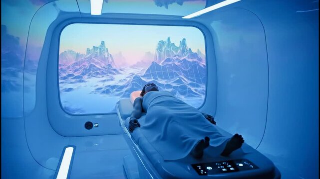 Person in futuristic cryosleep capsule viewing alien landscape