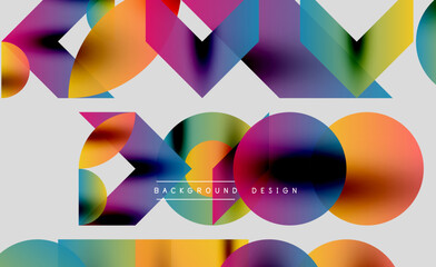 Abstract geometric shapes overlap, creating vibrant color gradients. White space provides contrast, modern design aesthetic.