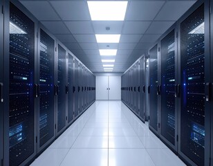Server room corridor, rows of cabinets, bright lights