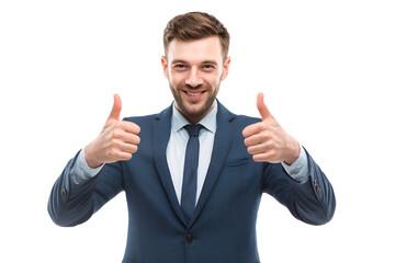 Positive Businessman Expressing Approval With Thumbs Up Gesture Demonstrating Success Determination and Confidence Smiling Professional Wearing Suit Presenting Optimism And