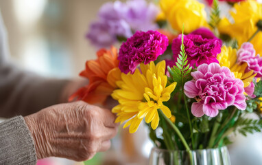 Elderly hand arranging vibrant yellow chrysanthemum, pink carnation, orange daisy, and purple flower in glass vase, symbolizing longevity, care, and happiness in bright indoor setting
