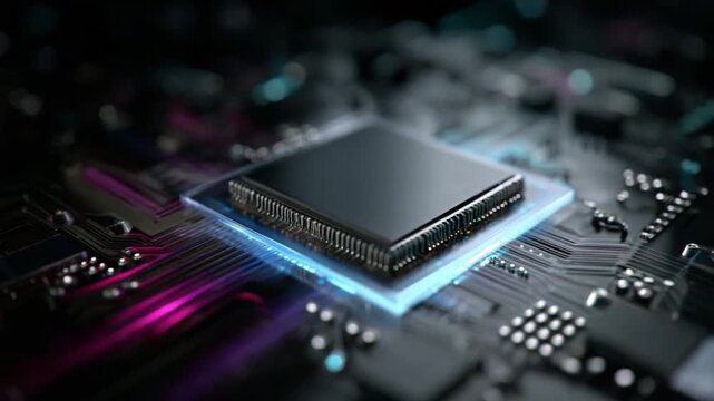 Tech Circuitry: A close-up view showcasing intricate circuit patterns and electronic components in vivid detail. Emphasizing technology, digital, and innovation.