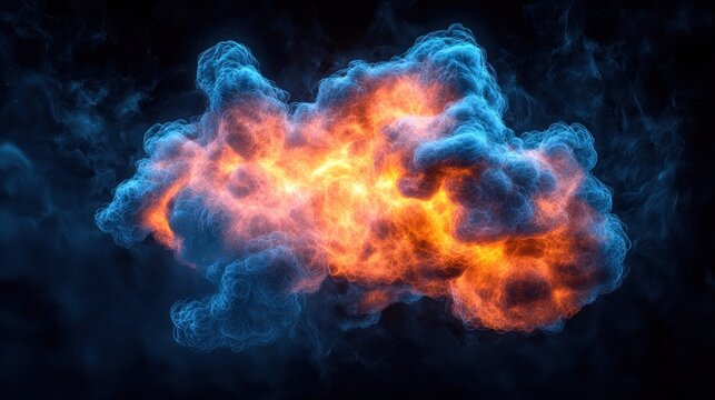 Fiery explosion, orange center surrounded by blue smoke