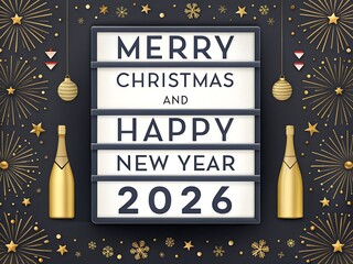 Lightbox marquee reading “Merry Christmas and Happy New Year 2026” with champagne, balloons, and gold confetti on matte charcoal; a cinematic, upscale holiday scene for windows, hotel lobbies, parties