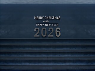 Minimal navy “Merry Christmas and Happy New Year 2026” poster with refined type, reflective floor and tiny stars; a calm, elegant seasonal header for ads, invitations, storefront displays, newsletters