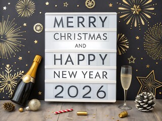 Lightbox-style “Merry Christmas and Happy New Year 2026” with champagne, balloons and gold confetti on a matte charcoal backdrop—cinematic greeting scene perfect for storefront windows, luxury parties