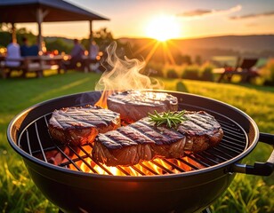 Steaks sizzling on grill, sunset background