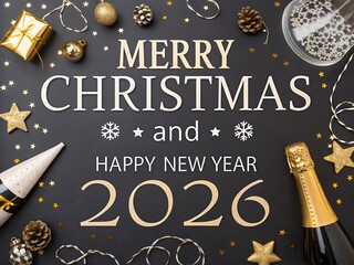 Dark festive “Merry Christmas and Happy New Year 2026” with gold balloons, baubles, clock and champagne—glamorous night-party composition crafted for countdown events, club promotions, gala invites, a