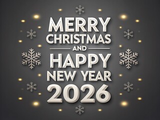 Minimal charcoal gray “Merry Christmas and Happy New Year 2026” with neat snowflakes and balanced type; a versatile holiday header suited for social media, newsletters, websites, indoor signage, and m