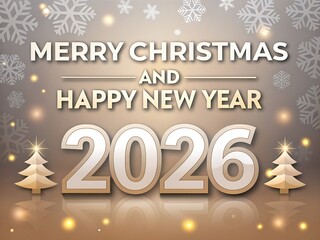 Elegant beige and gold “Merry Christmas and Happy New Year 2026” with frosted bokeh, delicate snowflakes, and polished numerals; a refined celebratory composition crafted for upscale brand greetings, 