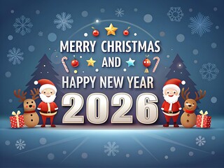 Merry Christmas and Happy New Year 2026 in a playful blue scene with Santa, snowmen, ornaments, and sparkling confetti; friendly family greeting artwork designed for posters, social campaigns, shop wi