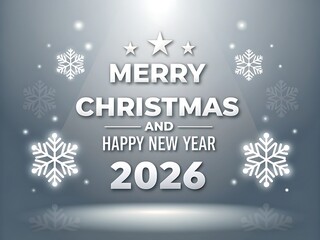 Bright silver headline “Merry Christmas and Happy New Year 2026” with three stars and snowflake medallions—clean, friendly holiday poster optimized for social media, ads, newsletters, storefronts, and