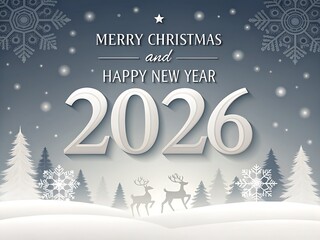 Soft gray “Merry Christmas and Happy New Year 2026” with starry snowfall, deer silhouettes and frosted pines—calm winter composition for refined greetings, corporate messages, packaging sleeves, and t