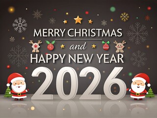 Cinematic marquee board reading “Merry Christmas and Happy New Year 2026,” with string lights, bold panels, reindeer and snowflakes—perfect for venue signage, nightlife promos, concert posters, party 