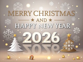 Frosted silver “Merry Christmas and Happy New Year 2026” with glossy numerals, snowflakes, and winter trees on a soft gradient background—an elegant seasonal postcard aesthetic for brand greetings, in