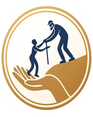 Elder helping a child climb while a protective hand cradles the scene in a warm circle, a moving symbol of mentoring, safety, and family values—ideal for education, nonprofits, parenting resources, an
