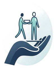 Supportive handshake between two people standing on a protective open hand, a clean symbol of partnership, guidance, and trust—perfect for business services, customer success, coaching, onboarding, an
