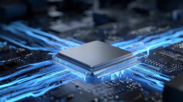 Modern Tech Core: A detailed capture of a cutting-edge computer chip at the heart of modern technology, with electrical pathways glowing, showcasing digital transformation. 
