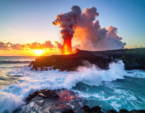 Volcano erupts as ocean waves crash against lava rock