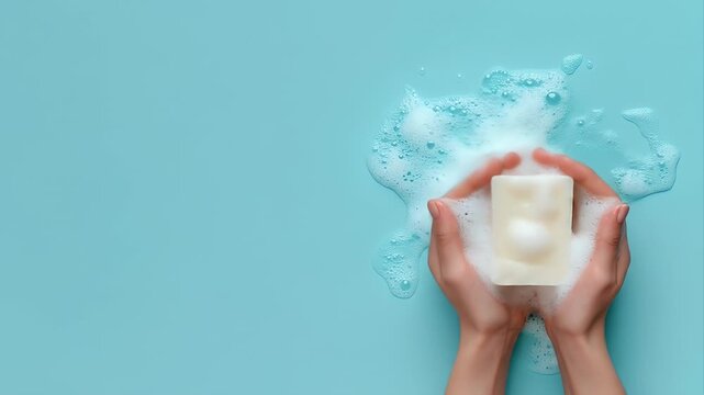 Hands holding a bar of soap in soapy suds on a light teal background
