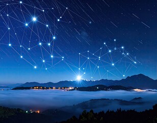 Starry night over misty mountains, connected nodes