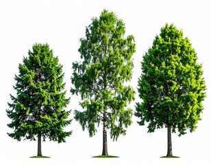 Fototapeta premium Three varied green trees isolated against a white background