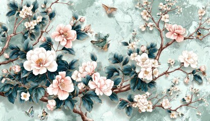 Lush floral arrangement with blossoming branches, butterflies, and a marbled, jade-toned backdrop