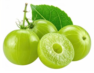 Green amla fruits with leaf, one halved, isolated closeup