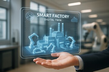 Holographic smart factory digital twin interface hovering above a hand in modern industrial setting with robotic arms and soft light background. Ai generative