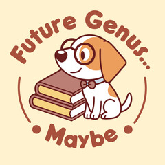 Adorable cartoon beagle puppy wearing glasses and a bowtie sits next to a stack of books with the text future genius maybe