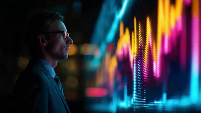 Analyst Observing Data Visualization: A focused analyst peers intently at a dynamic data visualization, the neon glow illuminating the complex patterns of market trends and insights.
