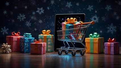 A miniature shopping cart filled with gift boxes and glowing light, sitting on a tablet display with an abstract bokeh background. E-commerce concept