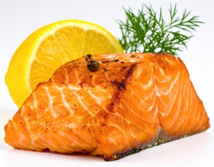 A grilled salmon fillet with lemon wedge and dill, a healthy seafood meal