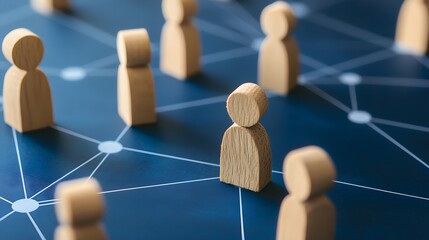 Obraz premium Wooden Figures Network Diagram Blue Background connection