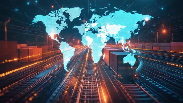 Futuristic concept of global logistics and international shipping, featuring a freight train with cargo containers moving on a railway with a glowing digital world map overlay at night