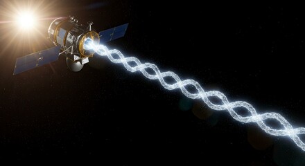 A quantum communication satellite transmits an unhackable data stream to Earth, symbolizing the future of cybersecurity, aerospace technology, and secure global communications.