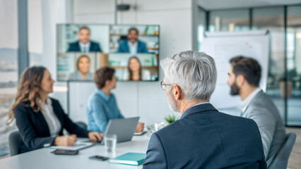 Modern business meeting with executives in boardroom and remote team on video conference, representing hybrid work, communication, management, and teamwork strategy