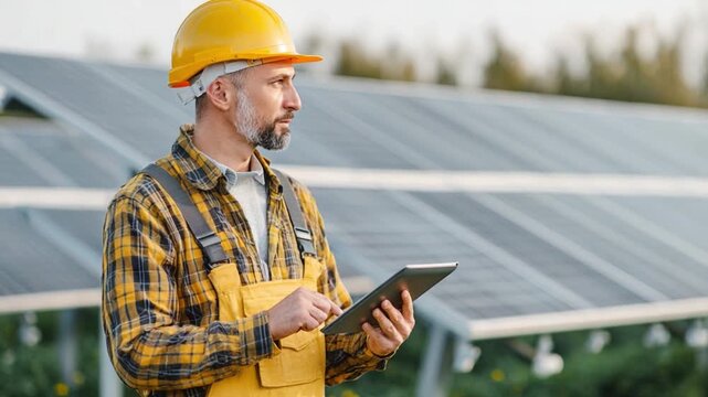 Renewable Energy Engineer: A focused engineer, clad in a yellow hardhat and workwear, engrossed in a tablet, oversees a field of solar panels.