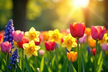 Vibrant tulips, daffodils, and hyacinths bloom in a sun-drenched field , bright, daffodils
