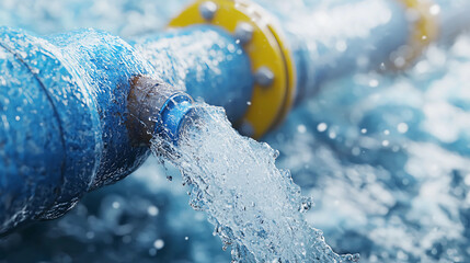 A close-up view of a blue water pipe with water flowing out, highlighting the details of the pipe and the splashing water around it.